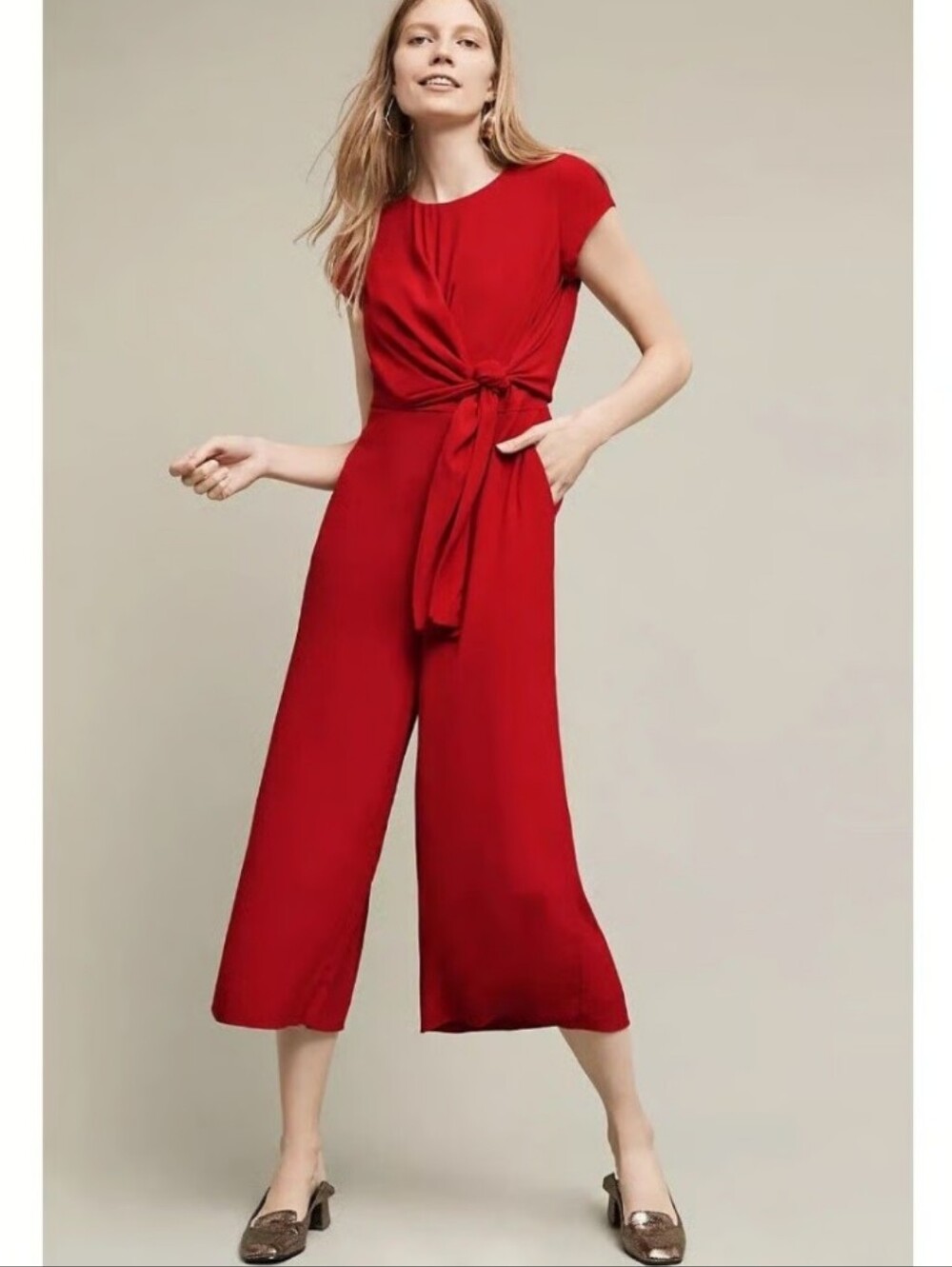 Anthropologie Maeve Red Tie-Front Short Sleeve Jumpsuit